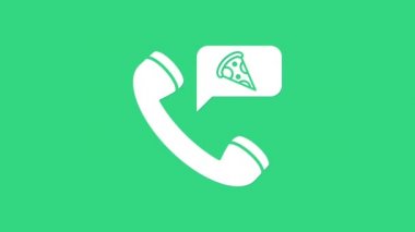 Beyaz Gıda yeşil arka planda izole edilmiş pizza ikonu sipariş ediyor. Cep telefonuyla sipariş verin. Restoran yemek teslimatı konsepti. 4K Video hareketli grafik canlandırması