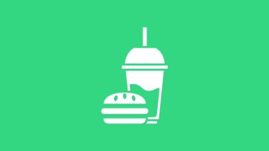 Yeşil zemin üzerinde saman ve burger ikonu olan beyaz kağıt bardak. Soda su içme tabelası. Hamburger, çizburger sandviçi. 4K Video hareketli grafik canlandırması