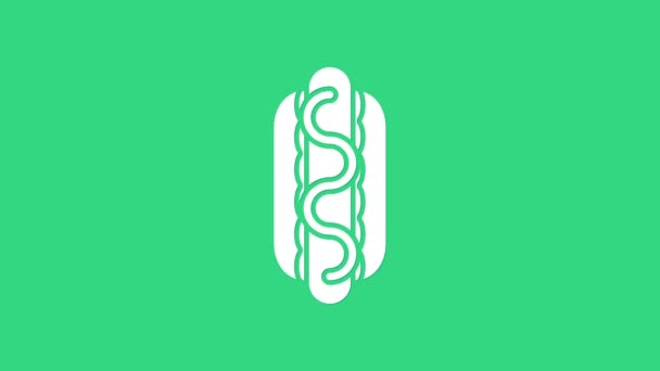 緑の背景に隔離されたマスタードアイコンを持つ白いホットドッグサンドイッチ。ソーセージのアイコン。ストリートファーストフードメニュー。4Kビデオモーショングラフィックアニメーション — ストック動画