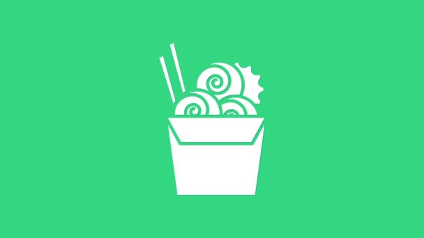 Białe makaron azjatycki w pudełku papieru i pałeczki ikona izolowane na zielonym tle. Ulica fast food menu. Koreańskie, japońskie, chińskie jedzenie. 4K Animacja graficzna ruchu wideo — Wideo stockowe