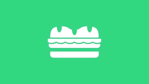緑色の背景に白のサンドイッチアイコンが隔離されている。ハンバーガーのアイコン。バーガーフードのシンボル。チーズバーガーの看板。ストリートファーストフードメニュー。4Kビデオモーショングラフィックアニメーション — ストック動画