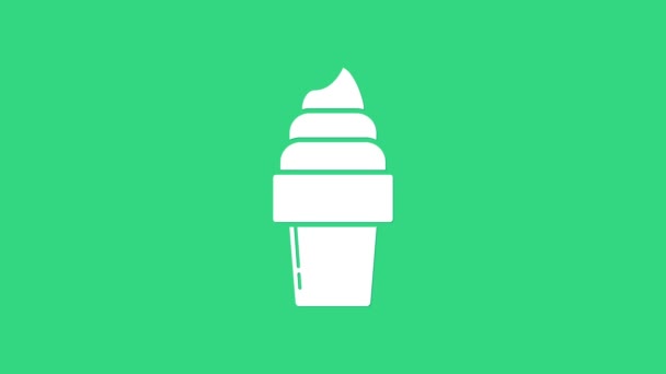 Gelado branco no ícone de cone de waffle isolado no fundo verde. Símbolo doce. Animação gráfica em movimento de vídeo 4K — Vídeo de Stock