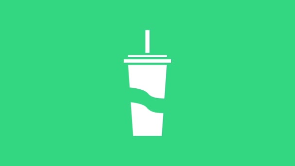 하얀 종이 잔에 짚과 물을 담는 아이콘이 녹색 배경에 분리되어 있다. 컵으로 한잔하 세요. 신선 한 시원 한 음료의 상징. 4K 비디오 모션 그래픽 애니메이션 — 비디오