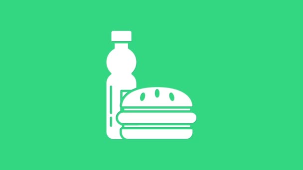 Witte fles water en burger pictogram geïsoleerd op groene achtergrond. Soda aqua bordje. Hamburger, cheeseburger sandwich. Fastfood menu. 4K Video motion grafische animatie — Stockvideo