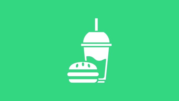 白色纸杯与饮用稻草和汉堡图标隔离绿色背景.苏打水的标志。汉堡包芝士汉堡三明治4K视频运动图形动画 — 图库视频影像