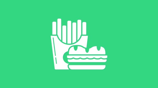 White Burger and french fries in carton package box icon isolated on green background. Hamburger, cheeseburger sandwich. Fast food menu. 4K Video motion graphic animation — Stock Video