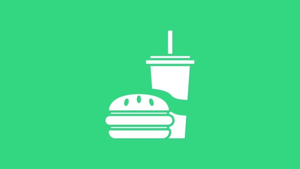Wit papieren glas met drinkstro en hamburgerpictogram geïsoleerd op groene achtergrond. Soda aqua bordje. Hamburger, cheeseburger sandwich. 4K Video motion grafische animatie — Stockvideo