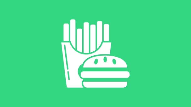 Hambúrguer branco e batatas fritas no ícone da caixa de embalagem de papelão isolado no fundo verde. Hambúrguer, sanduíche de cheeseburger. Menu de fast food. Animação gráfica em movimento de vídeo 4K — Vídeo de Stock