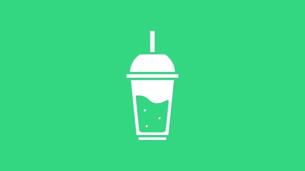 Biały Szklanka lemoniada z pijący słomkowy ikona odizolowany na zielony tło. 4K Animacja graficzna ruchu wideo — Wideo stockowe