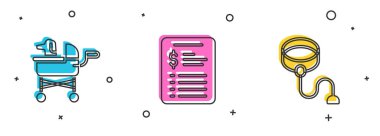 Pet bebek arabası, Bakım Salonu fiyat listesi ve geri çekilebilir ip tasma ikonu. Vektör.