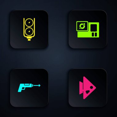 Fish, gösterge ölçeği, balıkçı zıpkını ve aksiyon kamerası ayarla. Siyah kare düğme. Vektör.