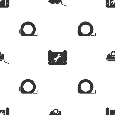 El arabası, çizim kağıdı, ingiliz anahtarı ve rulet inşaatını pürüzsüz bir şablona ayarla. Vektör.