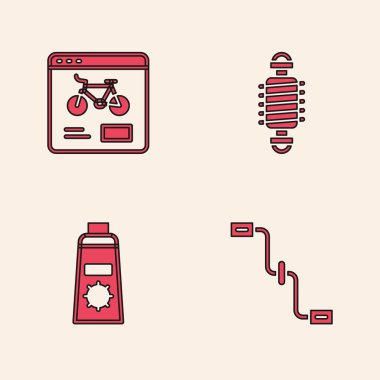 Bisiklet pedallarını, kiralık mobil uygulamayı, süspansiyon ve güneş kremini tüp simgesine yerleştir. Vektör.