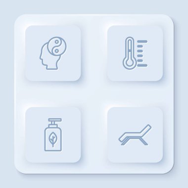 Hat Yin Yang, Sauna termometresi, gerekli yağ şişesi, güneşlik ve şemsiye ayarlayın. Beyaz kare düğme. Vektör.