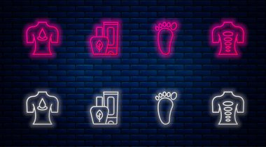 Çizgi krem tüpü, ayak masajı aroma yağlı masaj ve taş terapisi. Tuğla duvarda parlayan neon simgesi. Vektör.