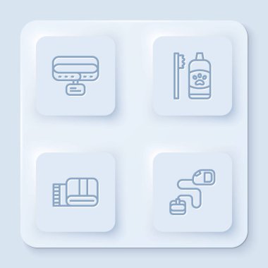 Yakalı bir yaka, evcil hayvanlar için diş hijyeni, havlu yığını ve geri çekilebilir ip tasması. Beyaz kare düğme. Vektör.