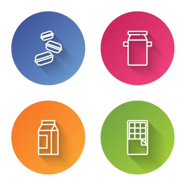 Mackeron kurabiyesi, süt konteynırı, kağıt paket ve çikolata. Renkli daire düğmesi. Vektör.