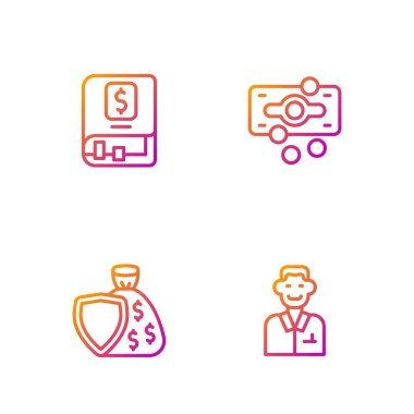 Tüccar, Kalkan ve para çantası, Finansal kitap ve deste kağıt para. Renk simgeleri. Vektör.