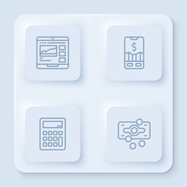 Hat ticaret kursları, mobil hisse senedi ticareti, hesap makinesi ve yığınla kağıt para. Beyaz kare düğme. Vektör.