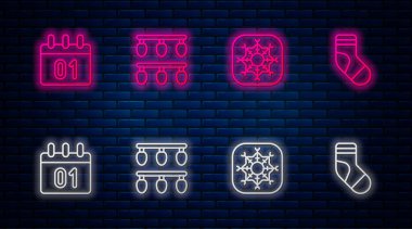 Çizgi ışıkları, kar tanesi, takvim ve çorap. Tuğla duvarda parlayan neon simgesi. Vektör.