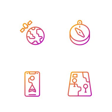 Çizgi şehir haritası navigasyonu, gezegenin ve pusulanın yörüngesindeki uydular. Renk simgeleri. Vektör.