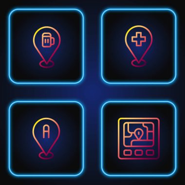 Hat GPS cihazını harita, konum, alkol veya bira barı konumu ve tıbbi haç ile ayarla. Renk simgeleri. Vektör.
