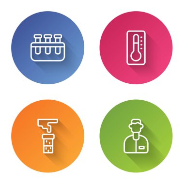 Test tüpü ve matara, medikal termometre ve laboratuvar asistanını ayarla. Renkli daire düğmesi. Vektör.