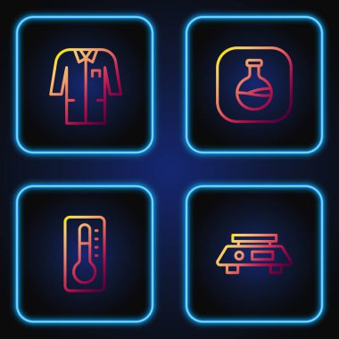 Elektronik termometreyi, laboratuvar üniformasını test tüpünü ve matarayı ayarla. Renk simgeleri. Vektör.