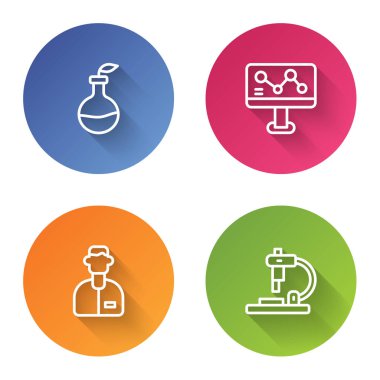 Bitki yetiştiriciliği, kimyasal formül, laboratuvar asistanı ve mikroskop. Renkli daire düğmesi. Vektör.