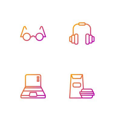 Çizgi Burger, Laptop, Gözlük ve Kulaklıklar. Renk simgeleri. Vektör.