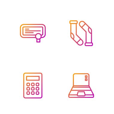 Dizüstü bilgisayar, hesap makinesi, sertifika şablonu ve çorap ayarla. Renk simgeleri. Vektör.