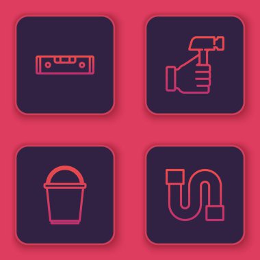Kabarcık seviyesini, Bucket, Hammer ve Industry borularını ayarlayın. Mavi kare düğme. Vektör.