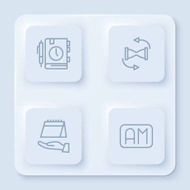 Günlük kağıt not defteri, kum kaplı eski kum saati, takvim ve sabah saati. Beyaz kare düğme. Vektör.