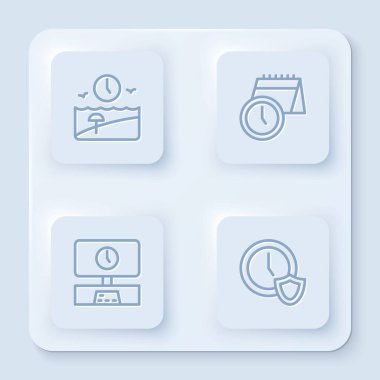 Tatil zamanını, takvimi ve saati, kalkanlı Akıllı TV ve Saati ayarla. Beyaz kare düğme. Vektör.