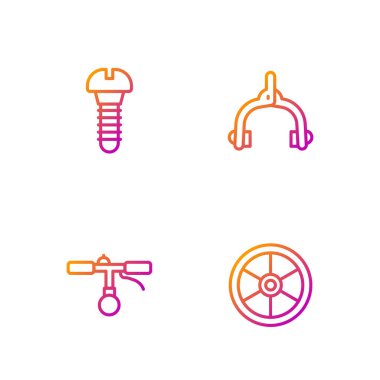 Bisiklet tekerleği, gidon, metal vida ve fren kalibreleri ayarlayın. Renk simgeleri. Vektör.