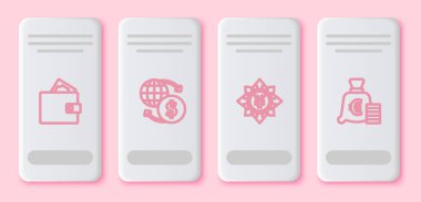 Cüzdanı para, para değişimi, bozuk para ve euro sembolü ile doldur. Beyaz dikdörtgen düğme. Vektör.