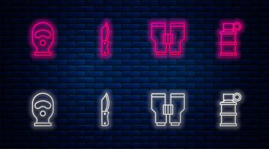 Askeri bıçak, dürbün, kar maskesi ve el bombası yerleştirin. Tuğla duvarda parlayan neon simgesi. Vektör.