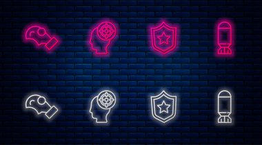 Hedef sporu, askeri ödül madalyası, gaz maskesi ve havacılık bombası. Tuğla duvarda parlayan neon simgesi. Vektör.