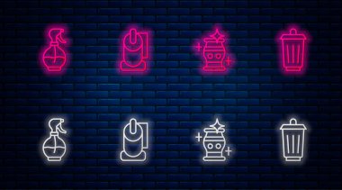 Tuvalet kağıdı rulosu, temiz vazo, su püskürtme şişesi ve çöp tenekesi. Tuğla duvarda parlayan neon simgesi. Vektör.