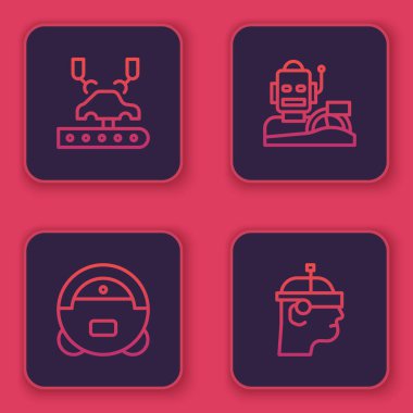 Robotik robot kolu fabrikaya, elektrikli süpürgeye, insanımsı sürücü arabasına ve akıllı gözlüğe ayarlayın. Mavi kare düğme. Vektör.