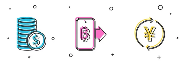 Установите Монеты Долларом Mining Bitcoin Мобильного Телефона Иконки Йены Вектор — стоковый вектор