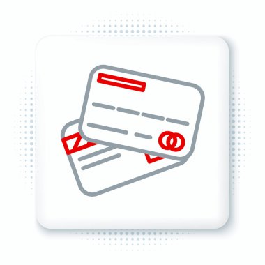 Çizgi kredi kartı simgesi beyaz arkaplanda izole edildi. Çevrimiçi ödeme. Nakit çekilmesi. Finansal operasyonlar. Alışveriş tabelası. Renkli taslak konsepti. Vektör.