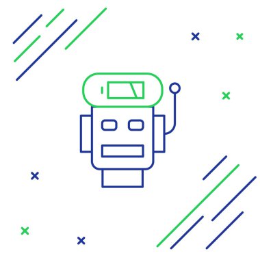 Çizgi Robotu düşük akü şarj ikonu beyaz arkaplanda izole edildi. Yapay zeka, makine öğrenme, bulut hesaplama. Renkli taslak konsepti. Vektör.