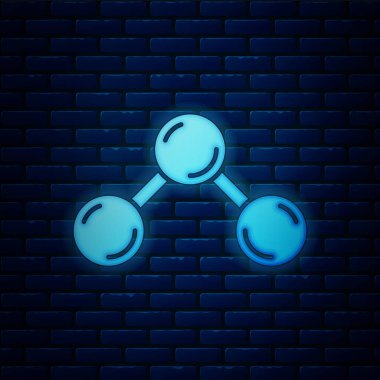 Parlayan neon molekül simgesi tuğla duvar arka planında izole edilmiş. Kimya moleküllerinin yapısı, fen öğretmenlerinin yenilikçi eğitim posteri. Vektör.