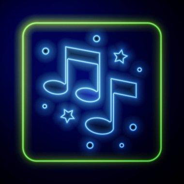 Parlayan neon müzik notası, ton simgesi mavi arkaplanda izole edilmiş. Vektör.
