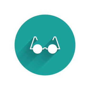 Uzun gölgeli beyaz gözlük simgesi. Yeşil daire düğmesi. Vektör.