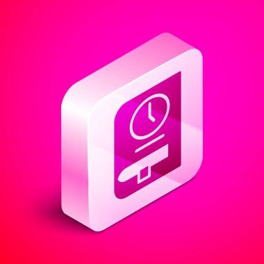 Pembe arka planda izole edilmiş kitap simgesi için Isometric zamanı. Gümüş kare düğme. Vektör.