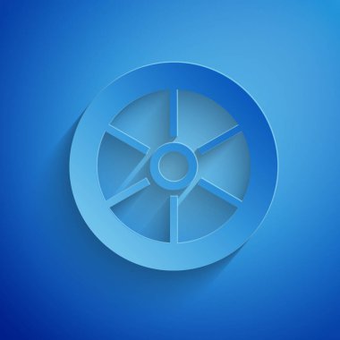 Kağıt kesiği bisiklet tekeri simgesi mavi arkaplanda izole edilmiş. Bisiklet yarışı. Olağanüstü bir spor. Spor malzemeleri. Kağıt sanatı tarzı. Vektör.