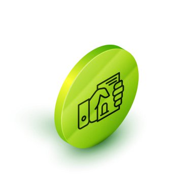 Beyaz arka planda izole edilmiş el simgesindeki Isome çizgisi Ölüm sertifikası. Yeşil daire düğmesi. Vektör.