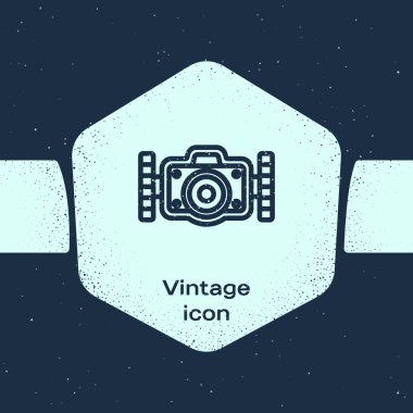 Dalgıç simgesi için Grunge Line fotoğraf makinesi mavi arkaplanda izole edildi. Fotoğraf makinesi simgesi. Su altı ekipmanları. Tek renkli klasik çizim. Vektör.